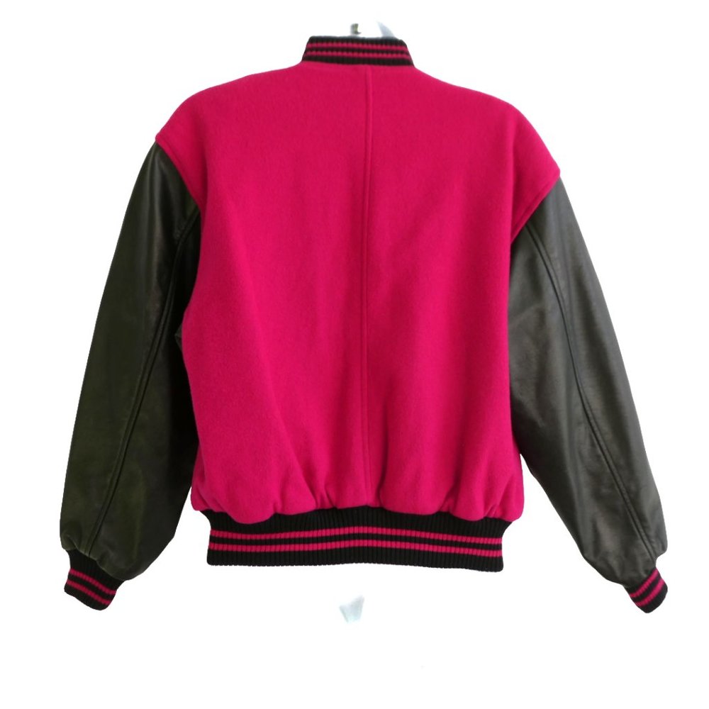LeaTHeR Vintage Dark Pink WooL Black Letterman Varsity Bomber Jacket LizSport M - Picture 3 of 10
